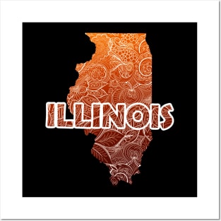 Colorful mandala art map of Illinois with text in red and orange Colorful mandala art map of Illinois with text in brown and orange Posters and Art